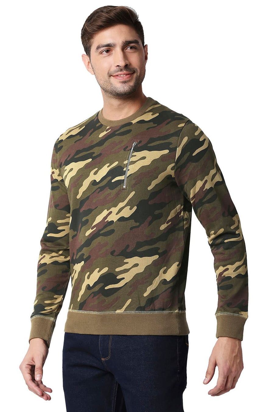 BASICS MUSCLE FIT CAMO BROWN LOOP KNIT PULLOVER SWEATER