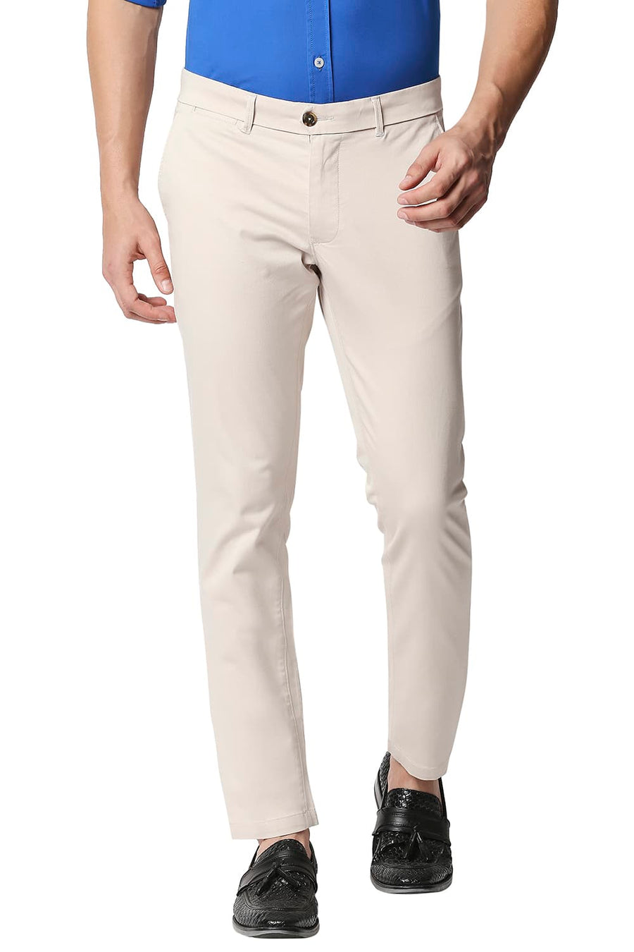 BASICS TAPERED FIT GARDENIA BEIGE STRETCH TROUSERS