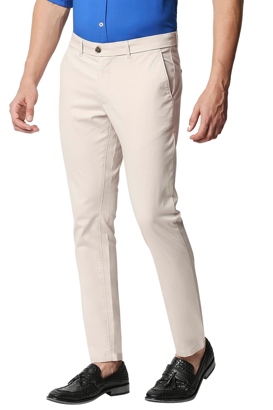 BASICS TAPERED FIT GARDENIA BEIGE STRETCH TROUSERS