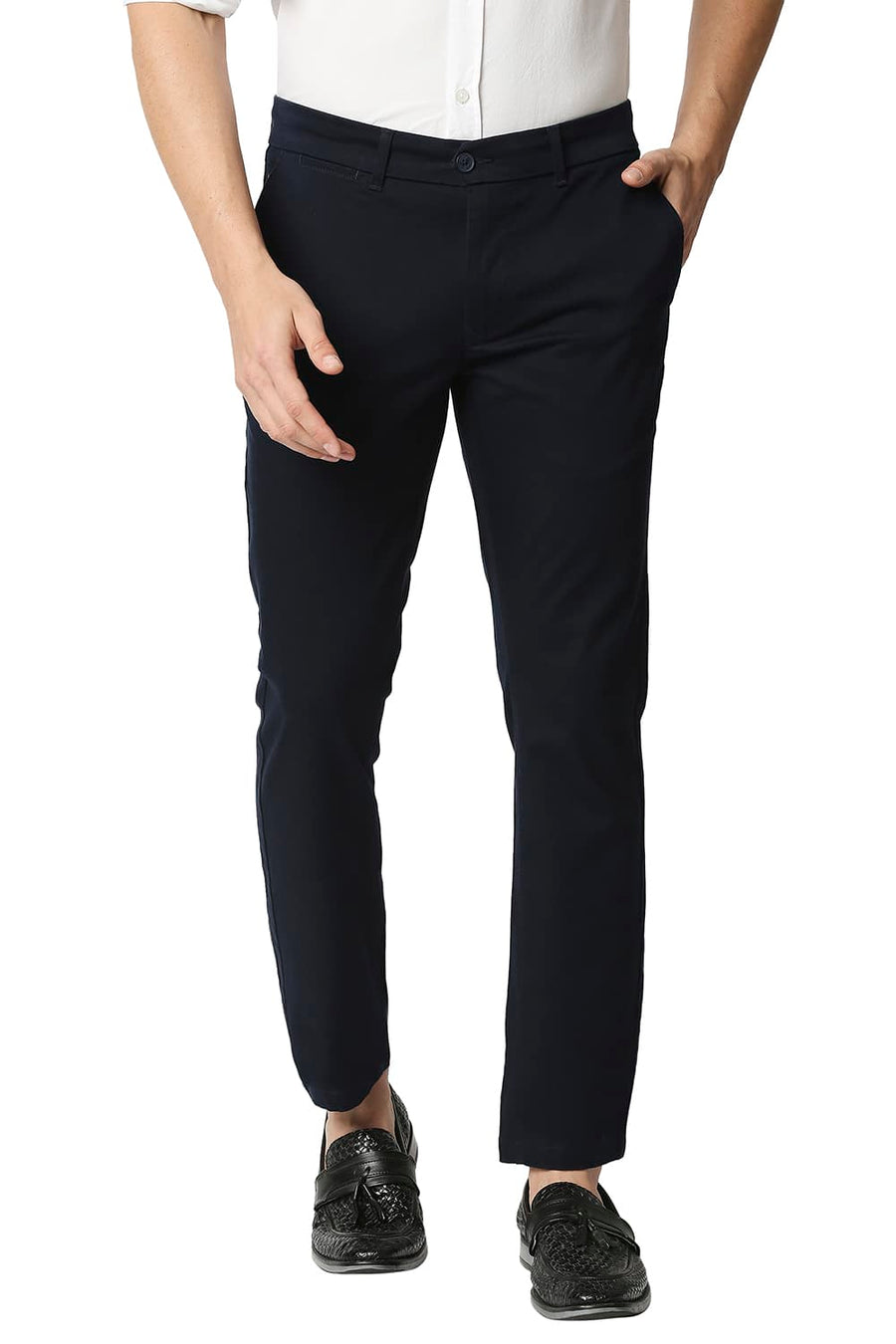 BASICS TAPERED FIT INKWELL NAVY STRETCH TROUSERS