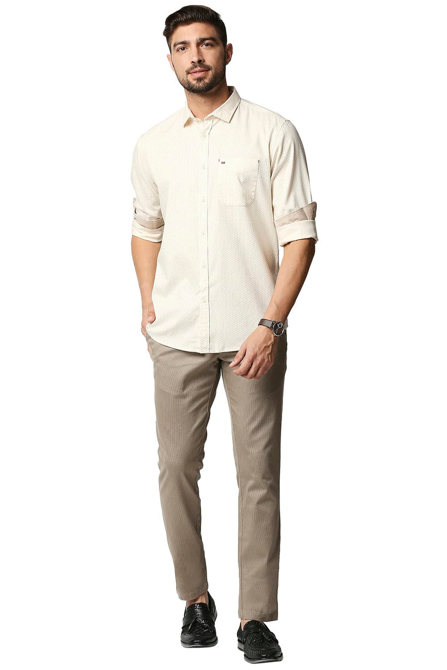 BASICS TAPERED FIT SAGE BROWN STRETCH TROUSERS