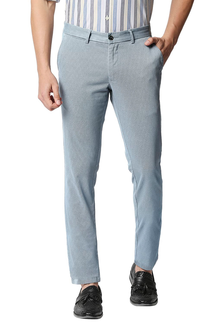 BASICS TAPERED FIT OMPHALODES BLUE STRETCH TROUSERS