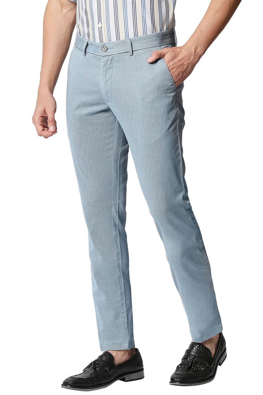 BASICS TAPERED FIT OMPHALODES BLUE STRETCH TROUSERS