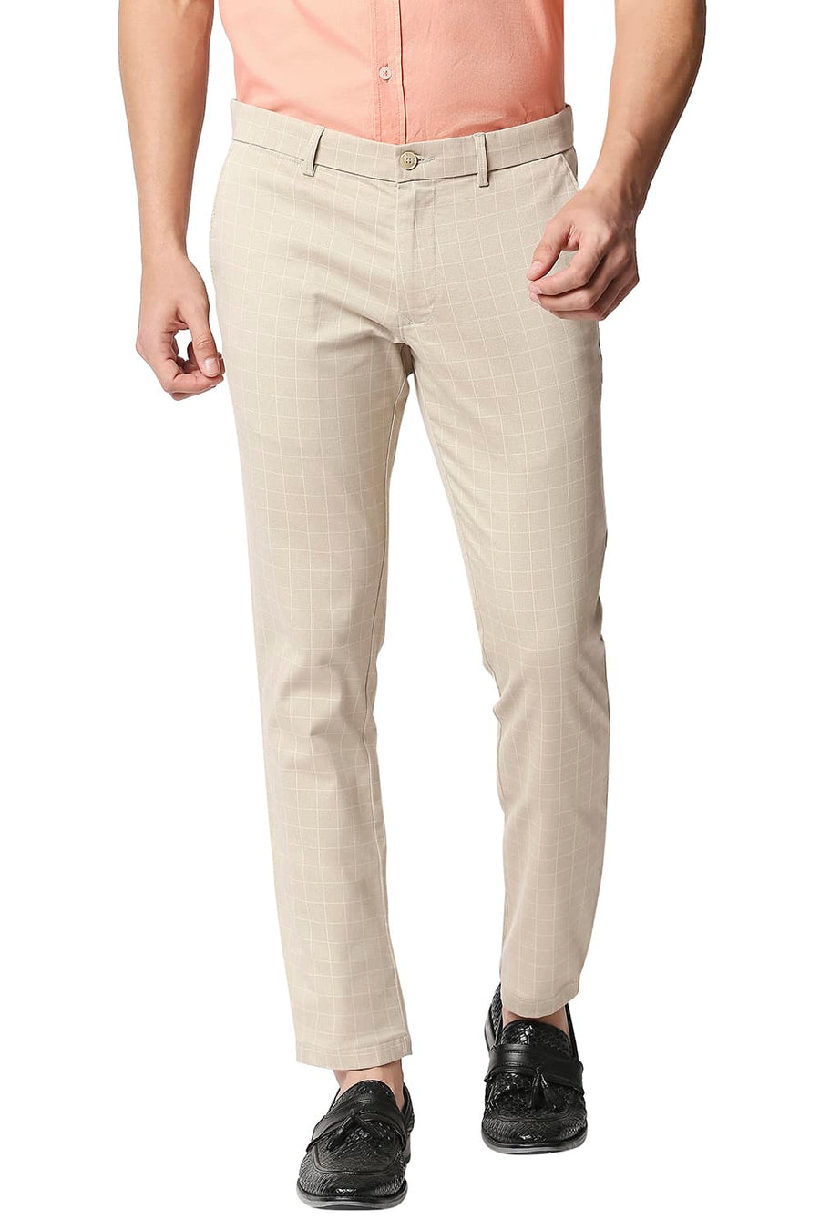 BASICS TAPERED FIT SAND ECRU STRETCH TROUSERS