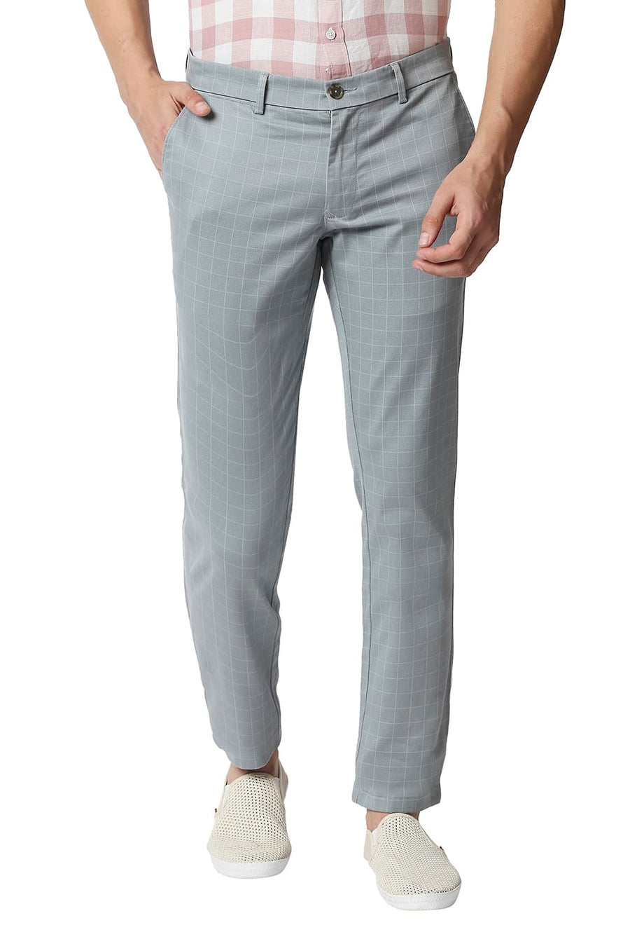BASICS TAPERED FIT GRAY MIST BLUE STRETCH TROUSERS