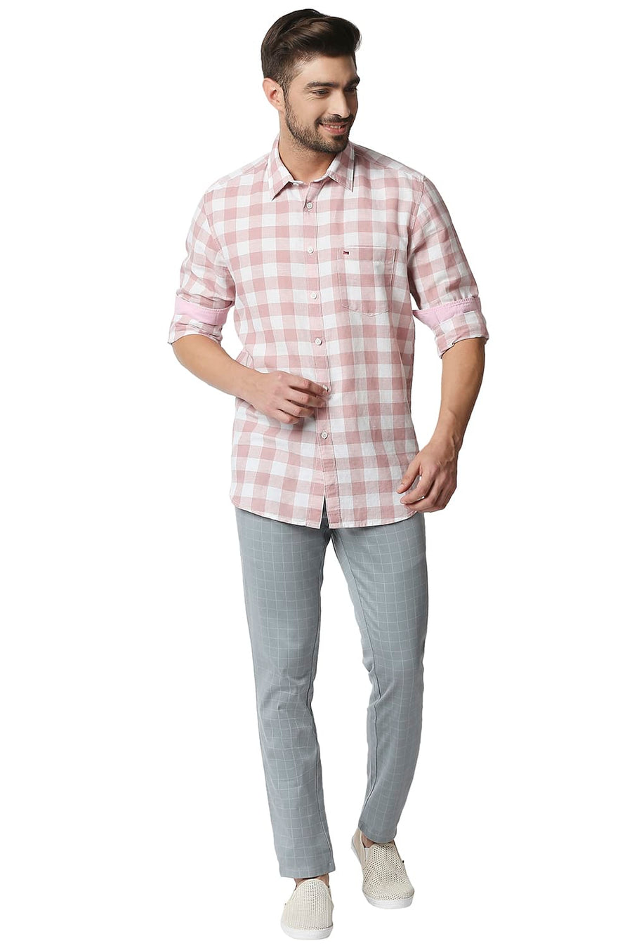 BASICS TAPERED FIT GRAY MIST BLUE STRETCH TROUSERS