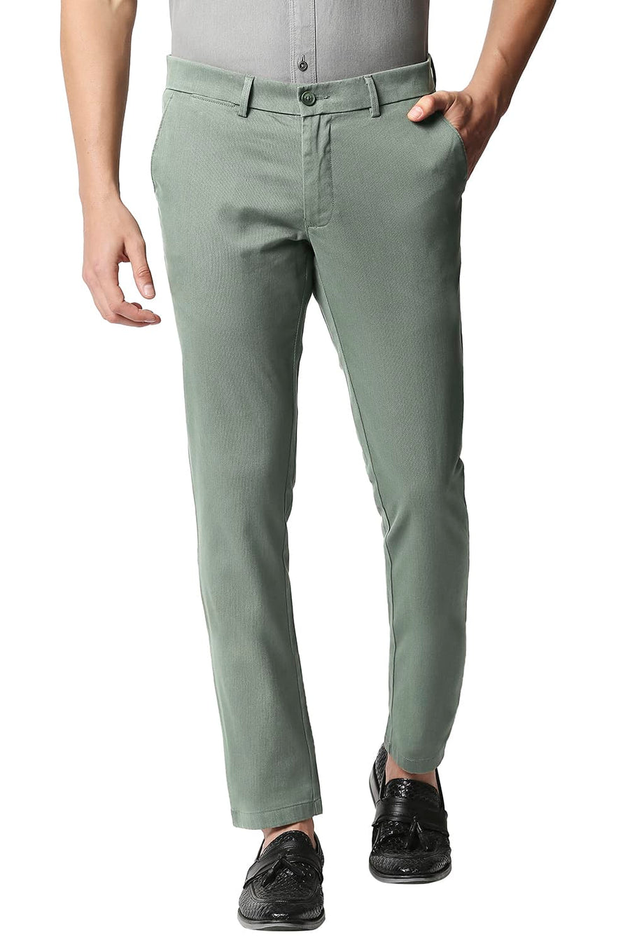 BASICS TAPERED FIT SEA SPRAY GREEN STRETCH TROUSERS