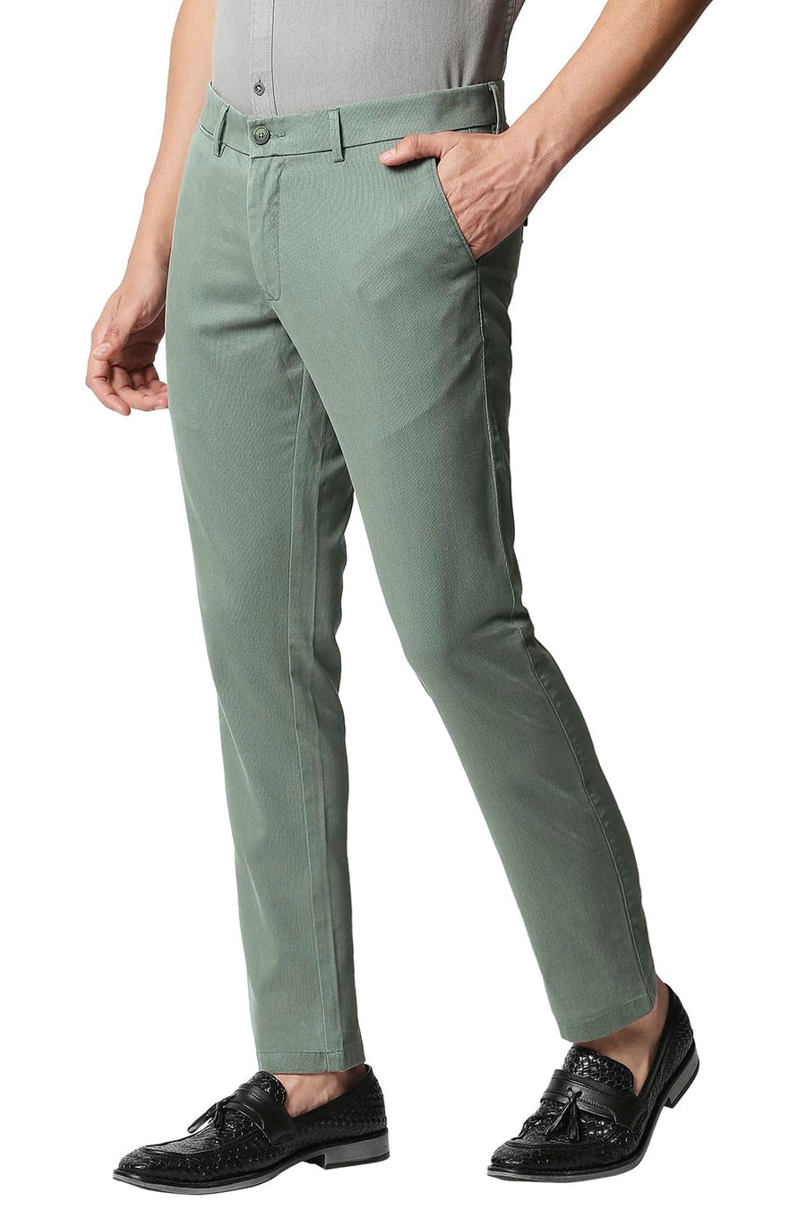 BASICS TAPERED FIT SEA SPRAY GREEN STRETCH TROUSERS