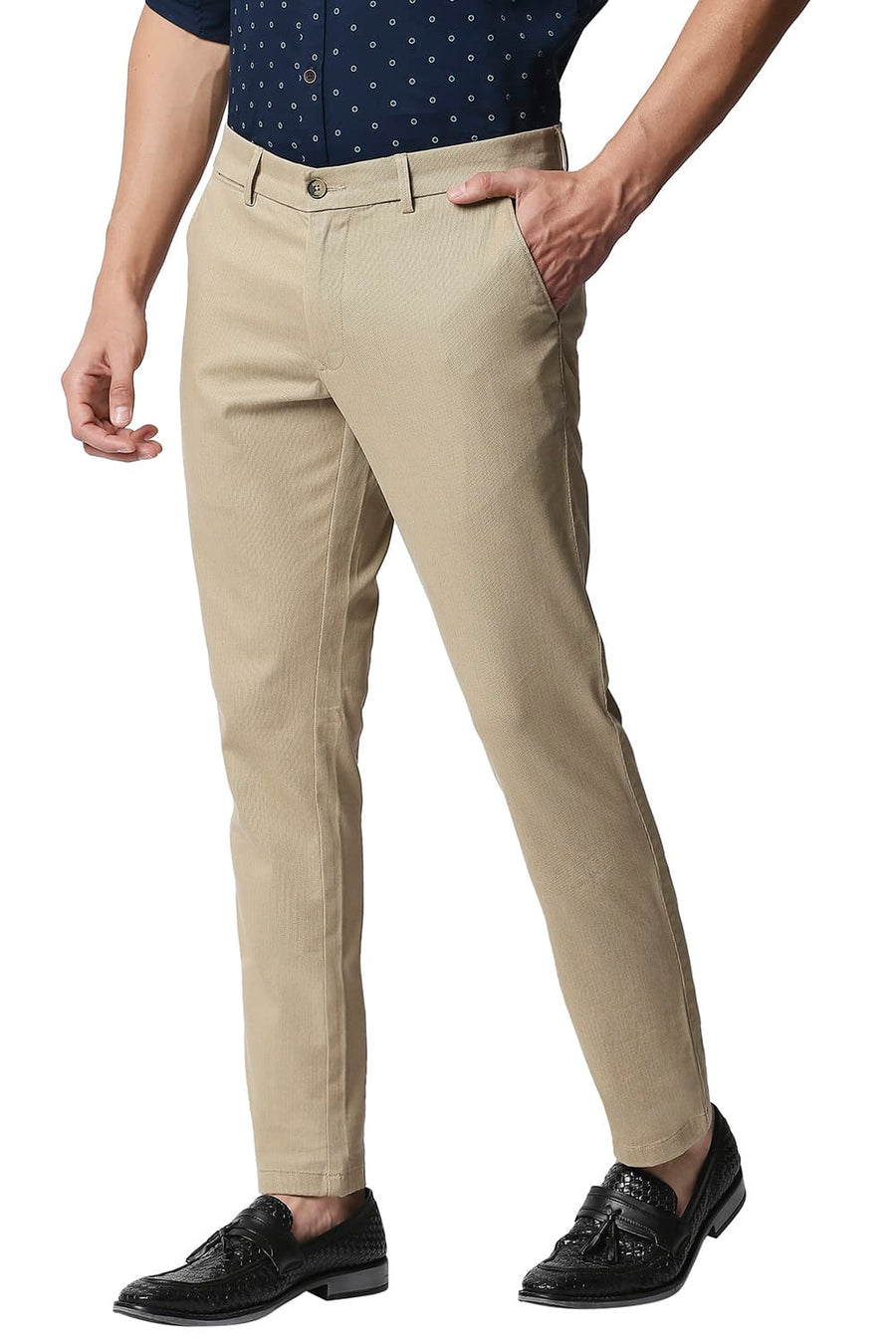 BASICS TAPERED FIT SAFARI KHAKHI STRETCH TROUSERS