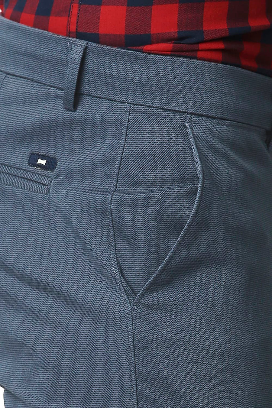 BASICS TAPERED FIT KEY LARGO NAVY STRETCH PRINTED TROUSERS
