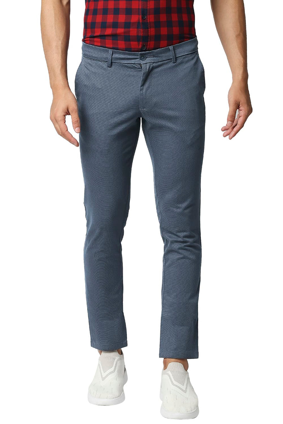 BASICS TAPERED FIT KEY LARGO NAVY STRETCH PRINTED TROUSERS