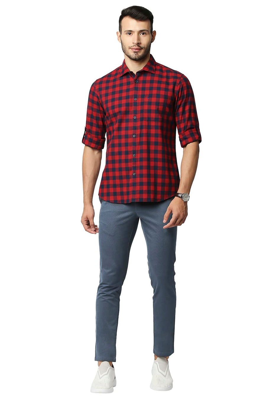 BASICS TAPERED FIT KEY LARGO NAVY STRETCH PRINTED TROUSERS