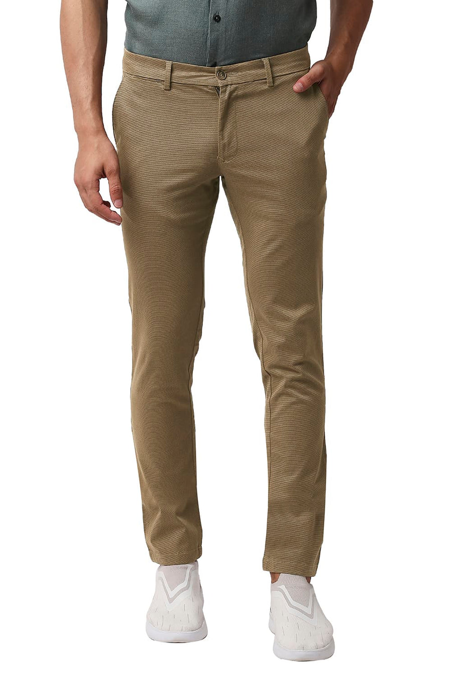 BASICS TAPERED FIT CINNAMON BROWN STRETCH PRINTED TROUSERS