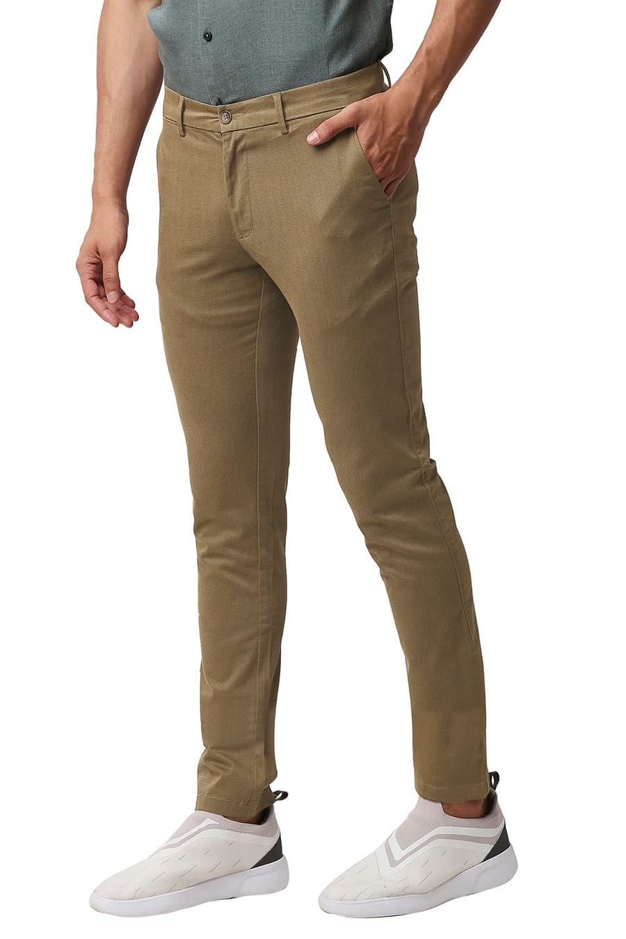 BASICS TAPERED FIT CINNAMON BROWN STRETCH PRINTED TROUSERS