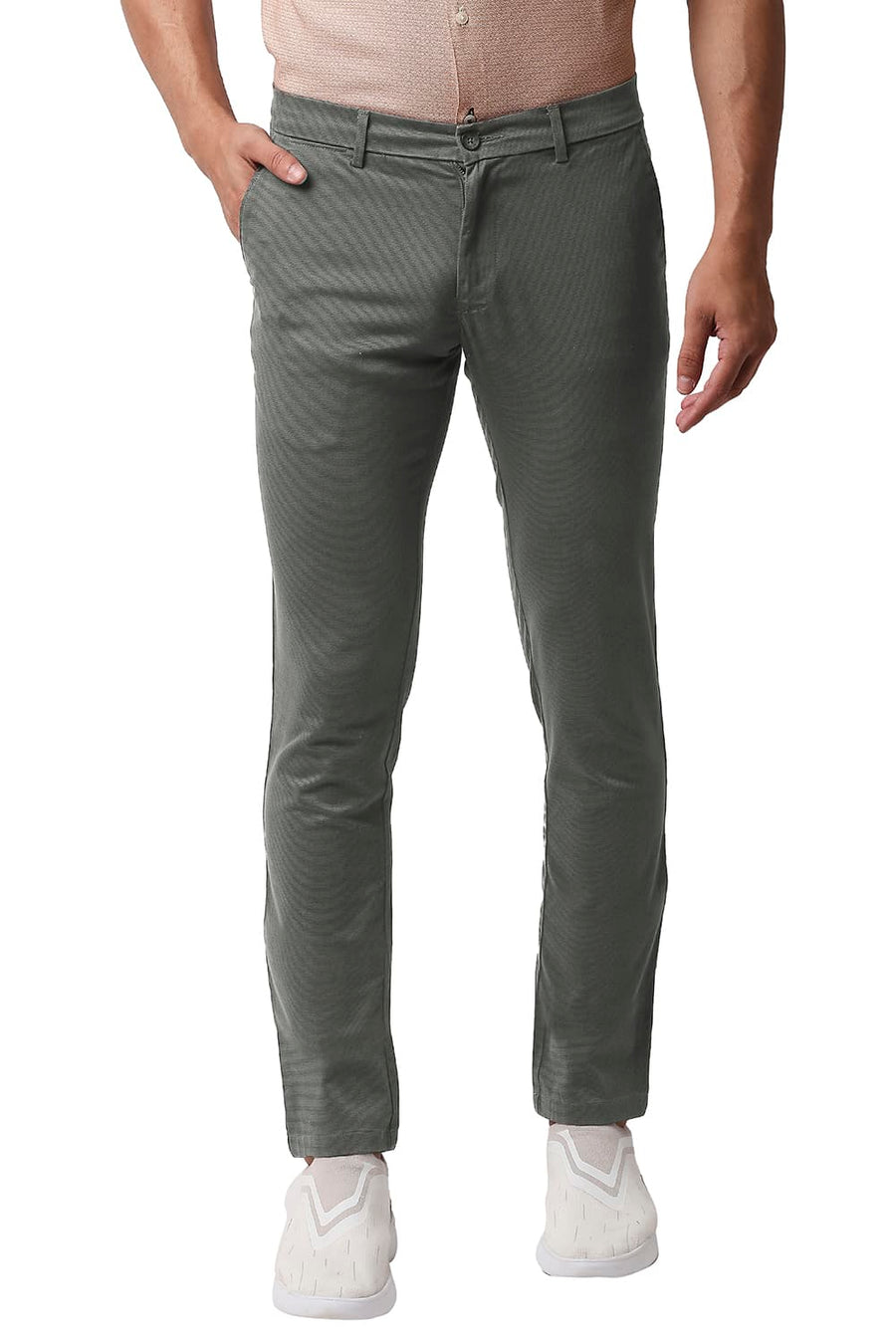 BASICS TAPERED FIT QUILL GREY STRETCH PRINTED TROUSERS