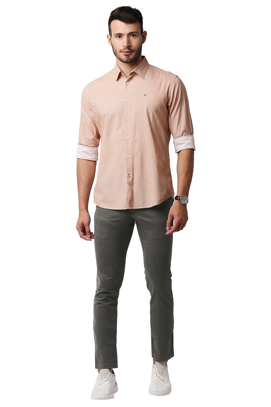 BASICS TAPERED FIT QUILL GREY STRETCH PRINTED TROUSERS