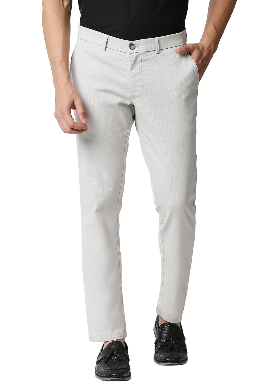 BASICS TAPERED FIT OYSTER GREY STRETCH TROUSERS