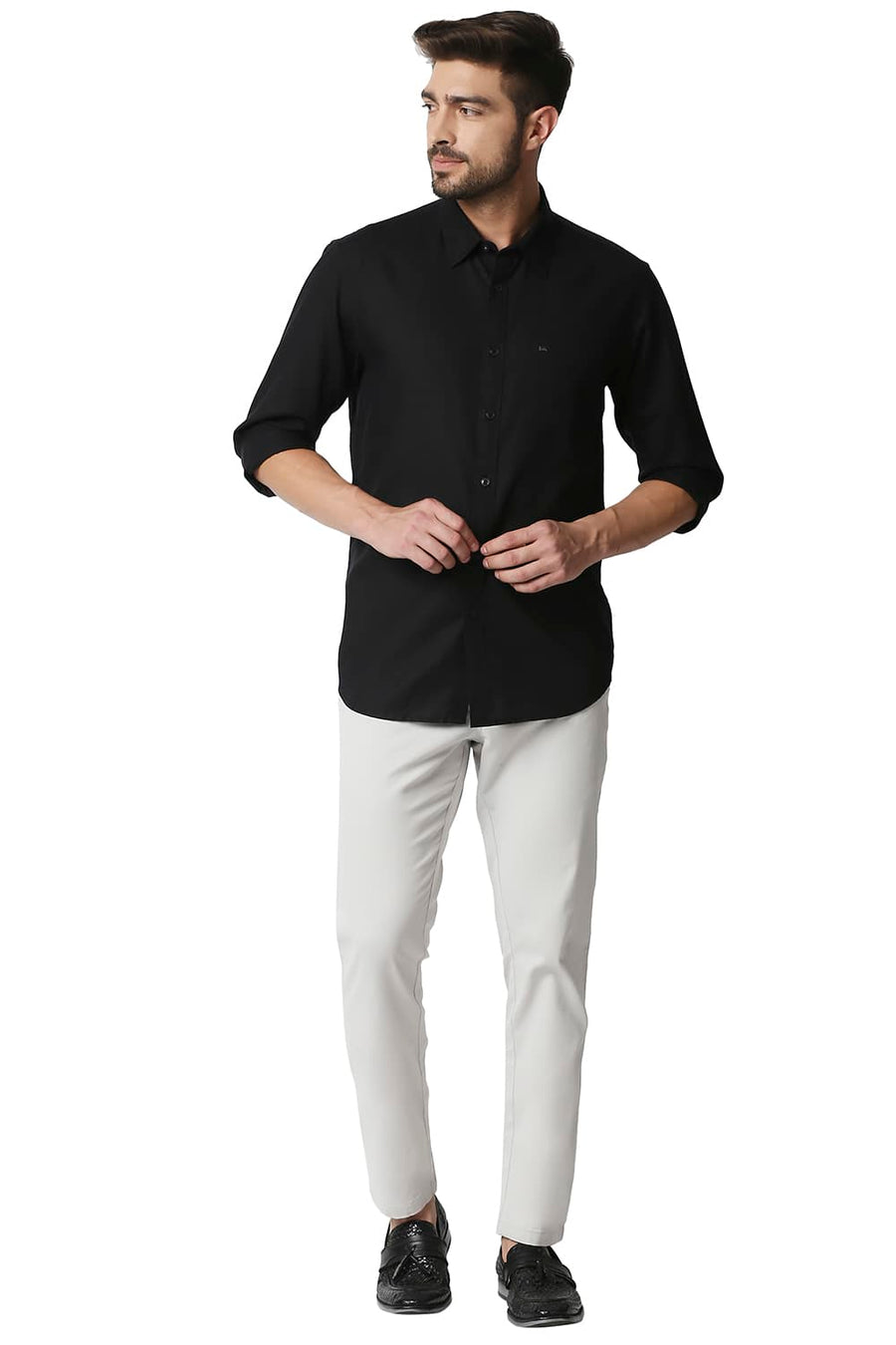 BASICS TAPERED FIT OYSTER GREY STRETCH TROUSERS