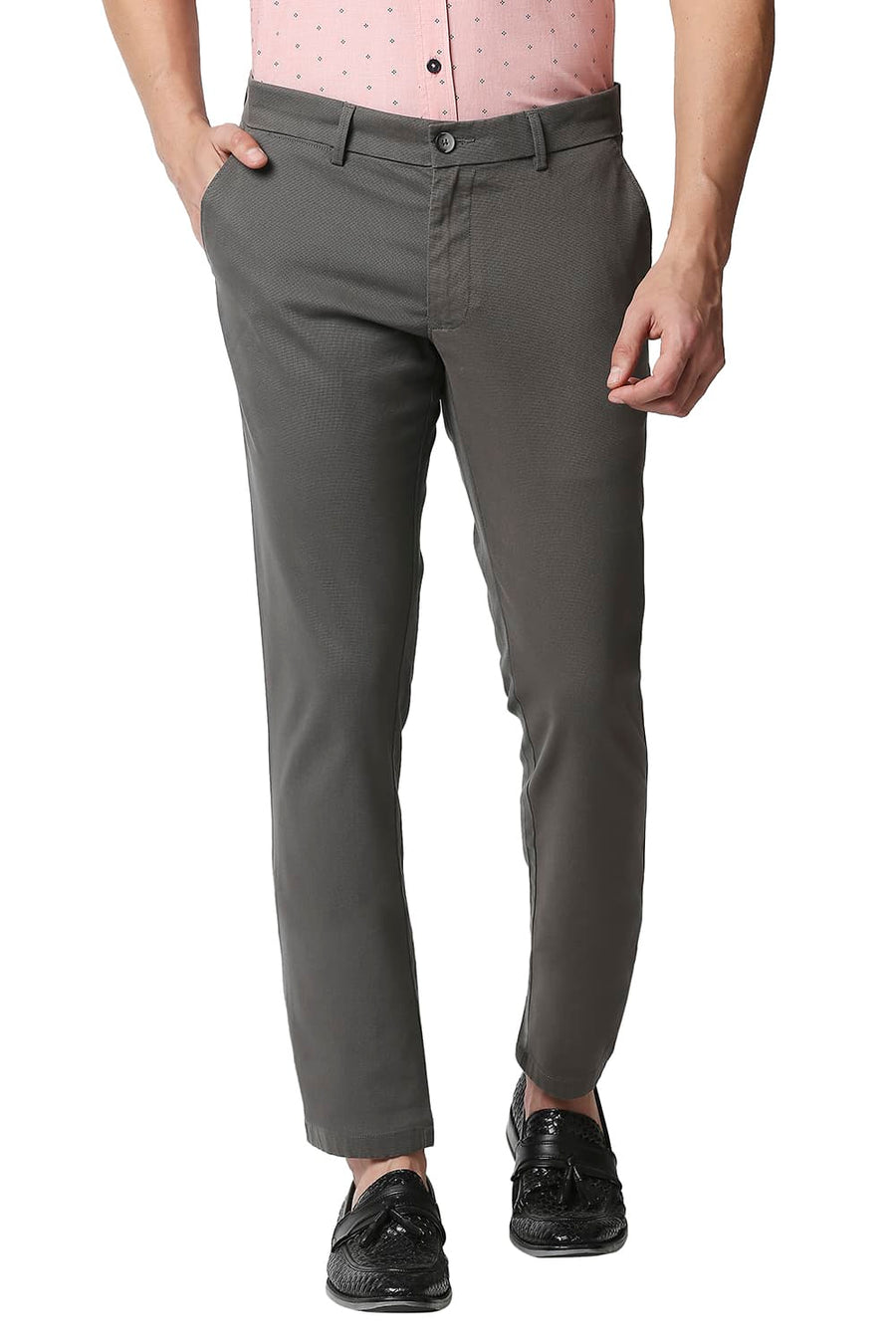 BASICS TAPERED FIT GUNMETAL GREY STRETCH TROUSERS