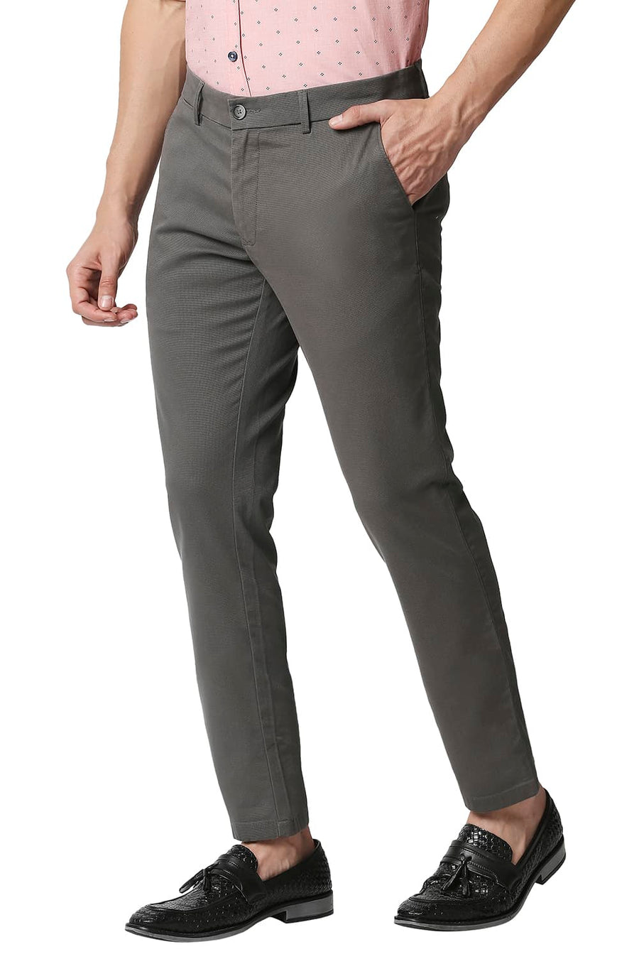 BASICS TAPERED FIT GUNMETAL GREY STRETCH TROUSERS