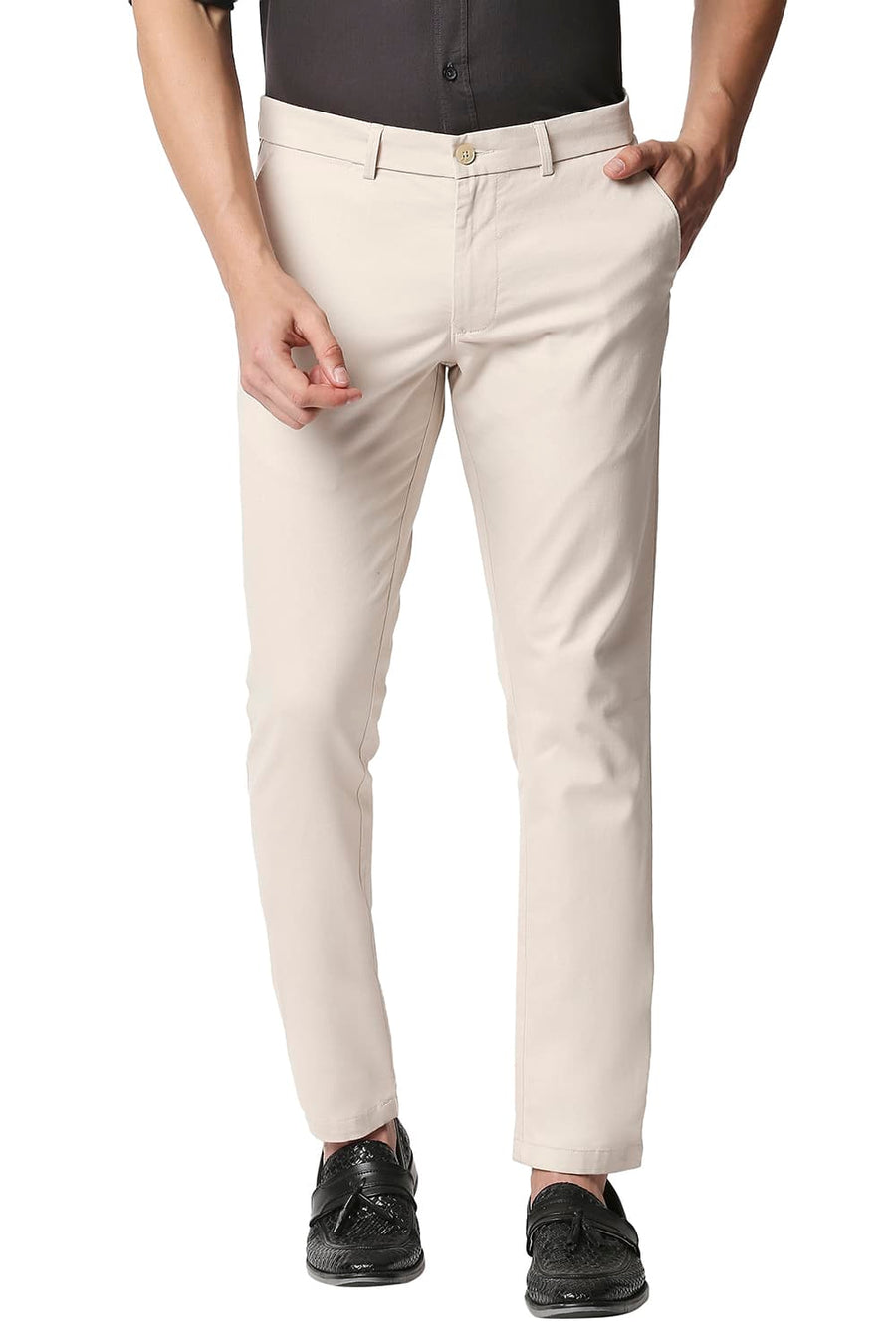 BASICS TAPERED FIT SEA SALT BEIGE STRETCH TROUSERS