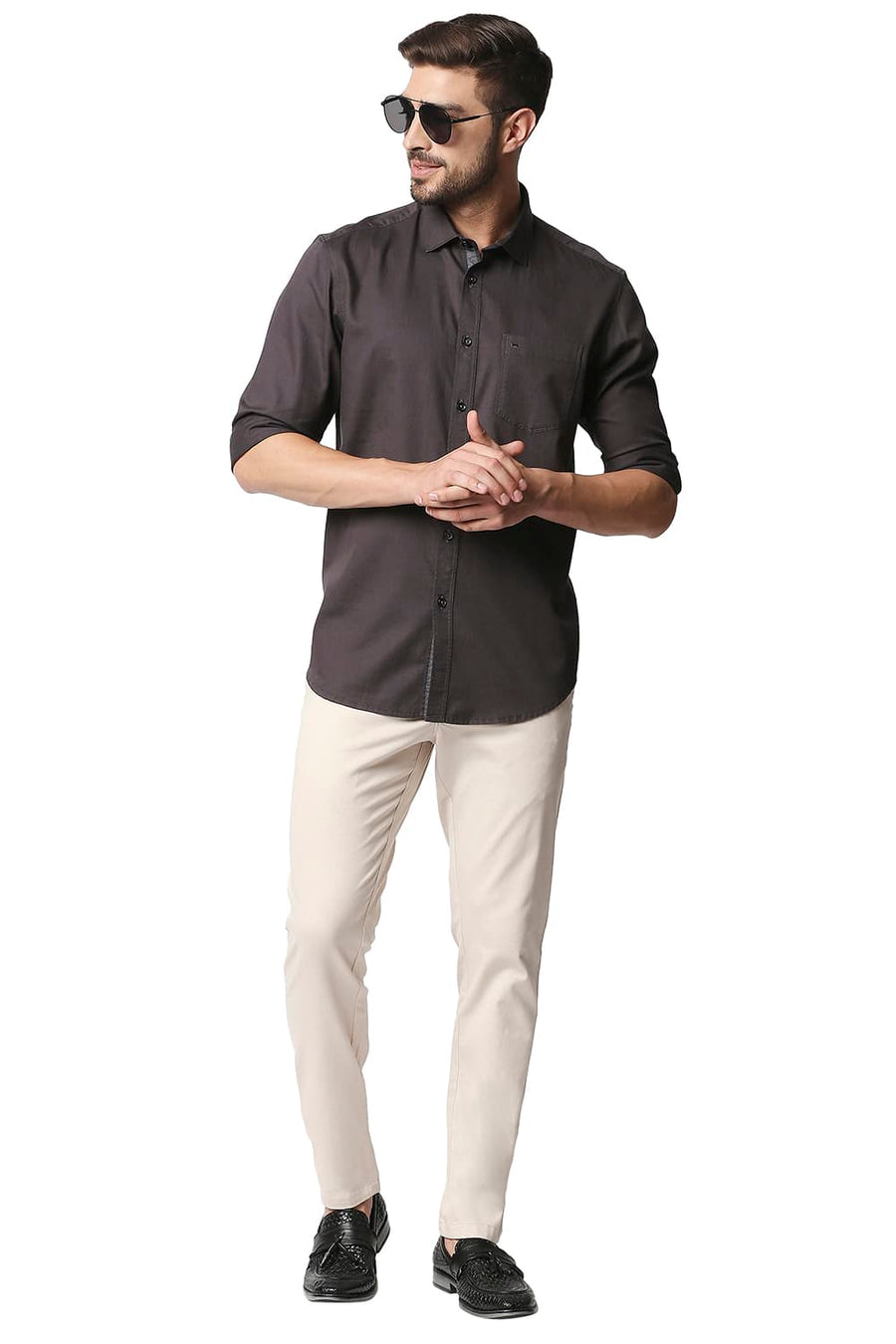 BASICS TAPERED FIT SEA SALT BEIGE STRETCH TROUSERS