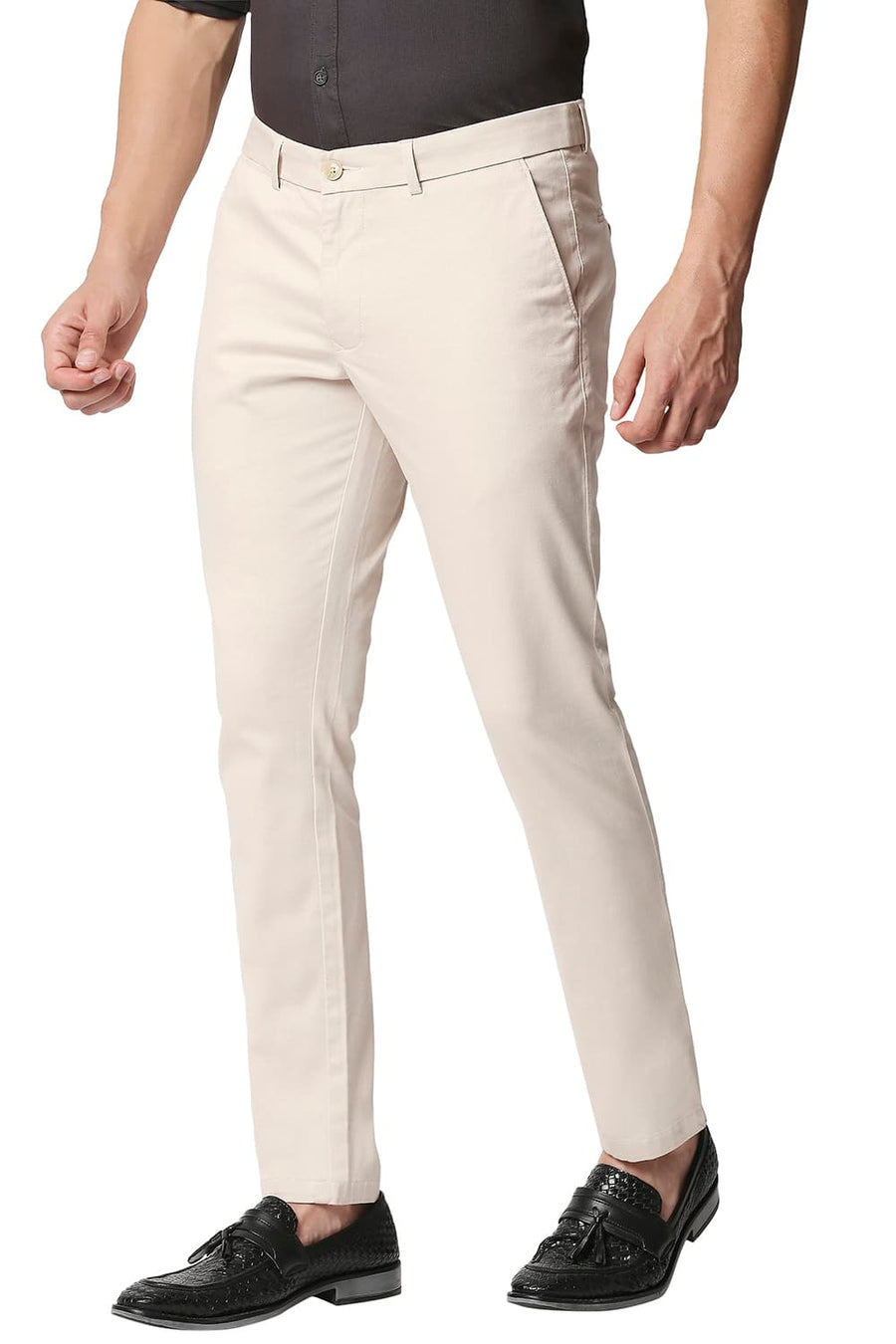 BASICS TAPERED FIT SEA SALT BEIGE STRETCH TROUSERS
