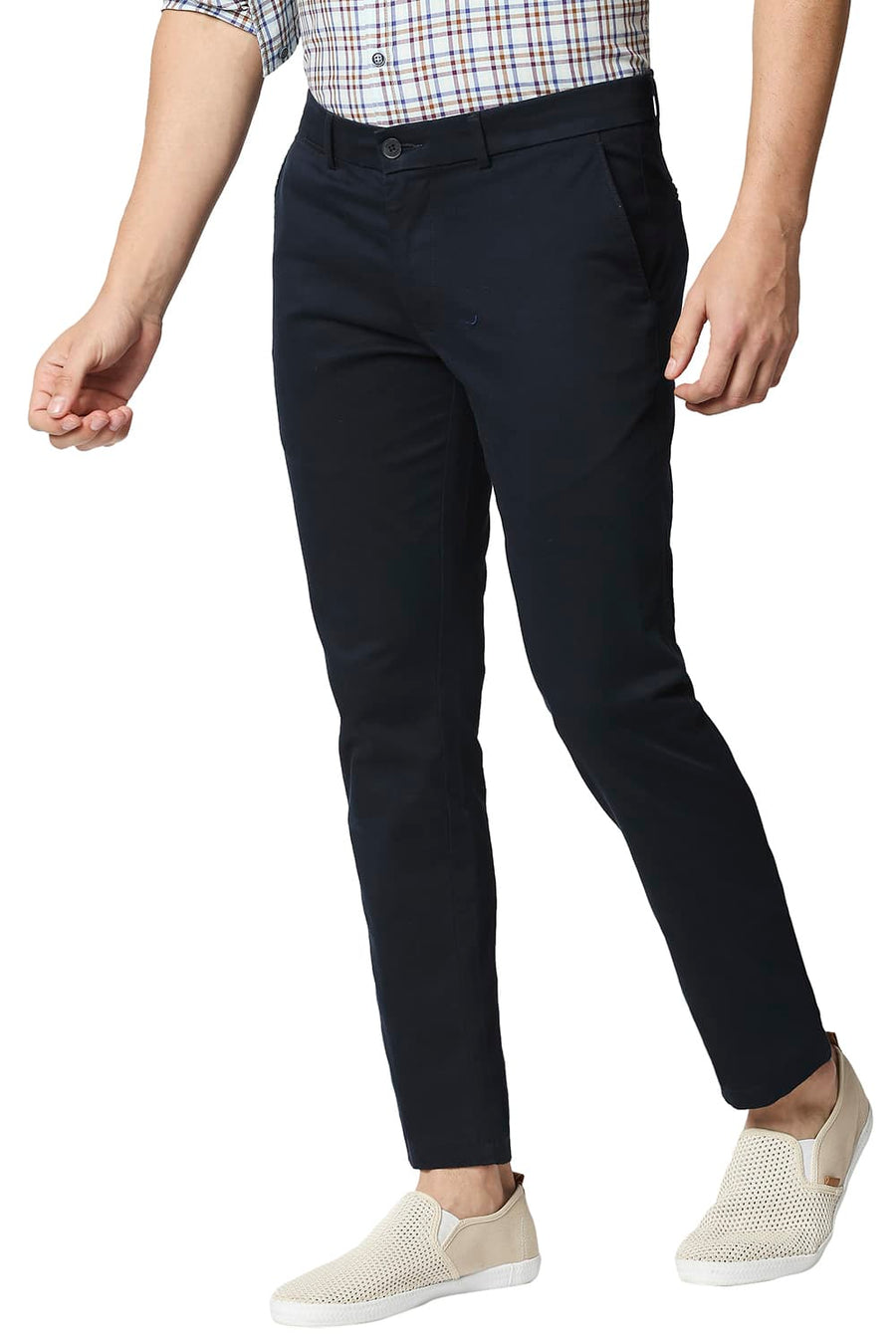 BASICS TAPERED FIT BLUEBERRY NAVY STRETCH TROUSERS