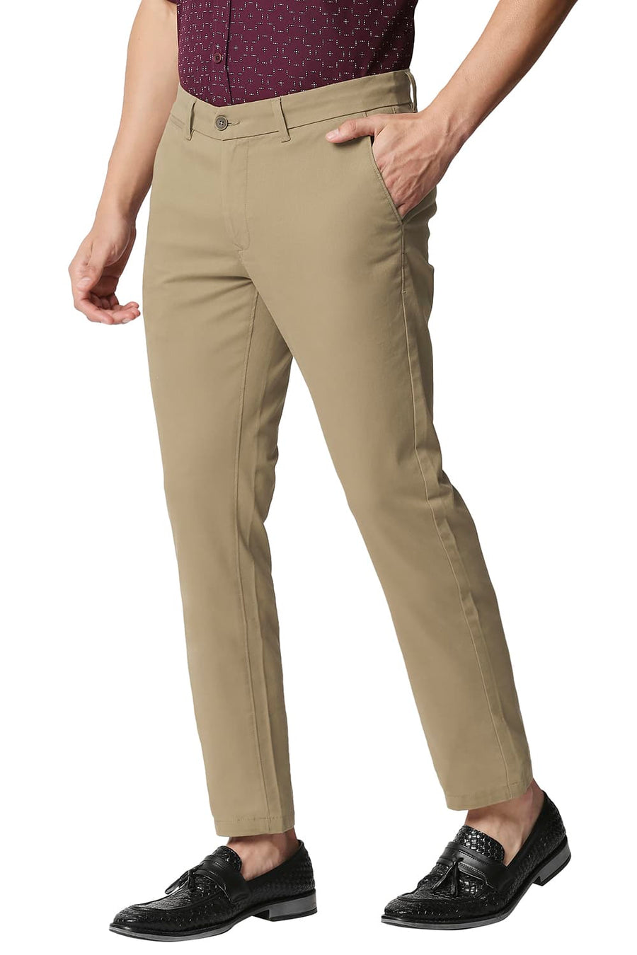 BASICS TAPERED FIT OAK BROWN STRETCH TROUSERS