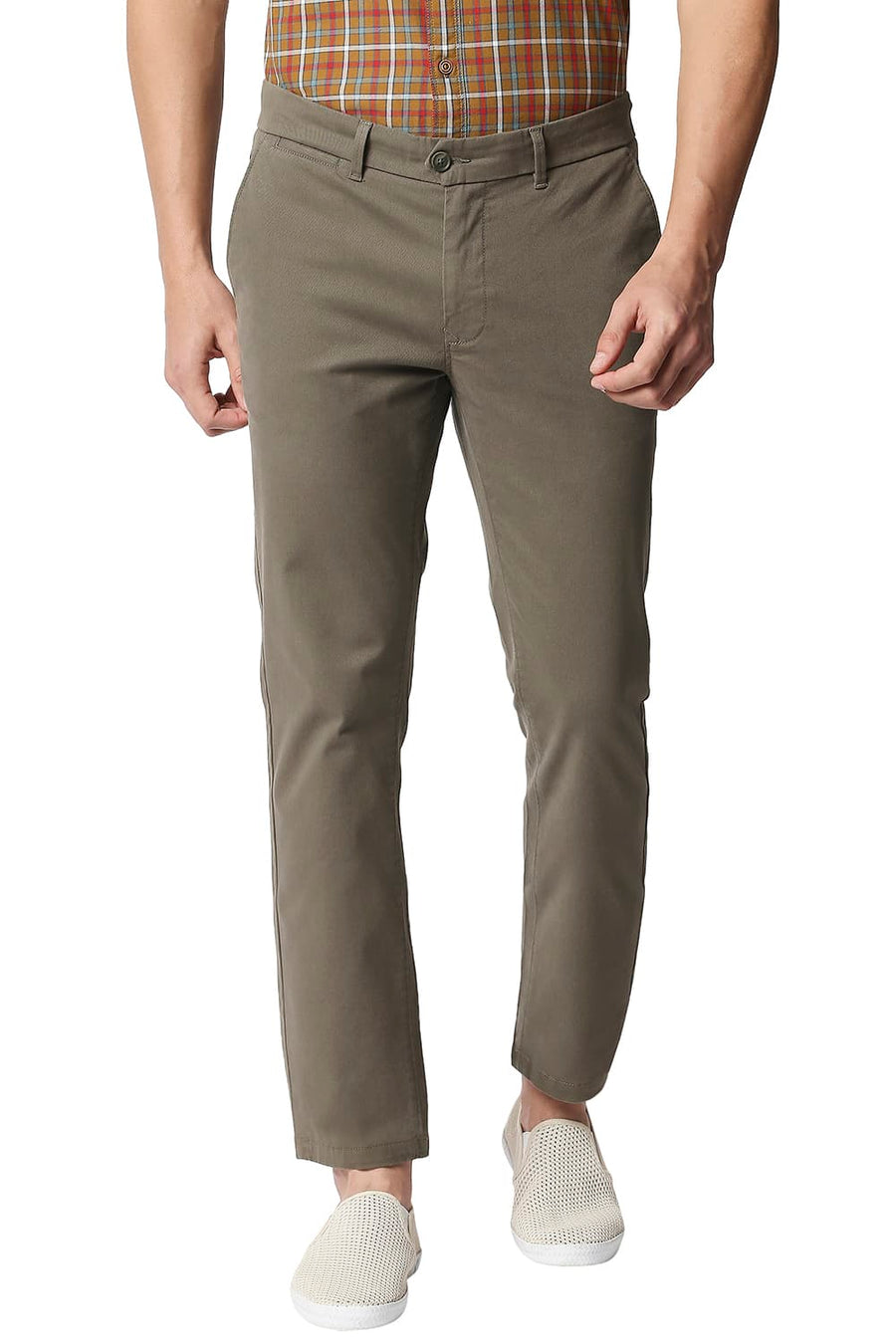 BASICS TAPERED FIT IVY OLIVE STRETCH TROUSERS