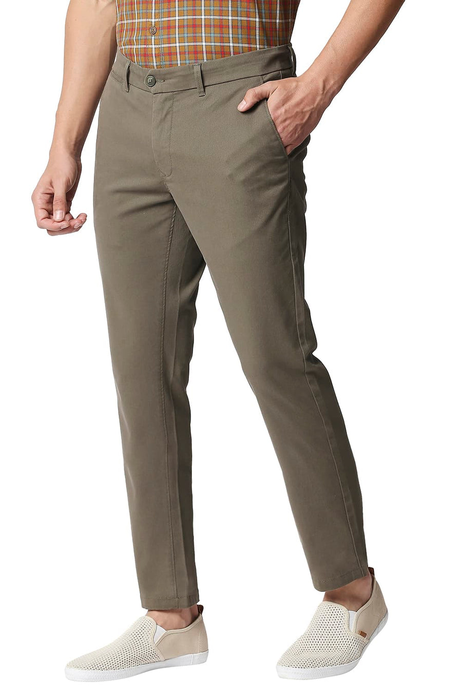 BASICS TAPERED FIT IVY OLIVE STRETCH TROUSERS