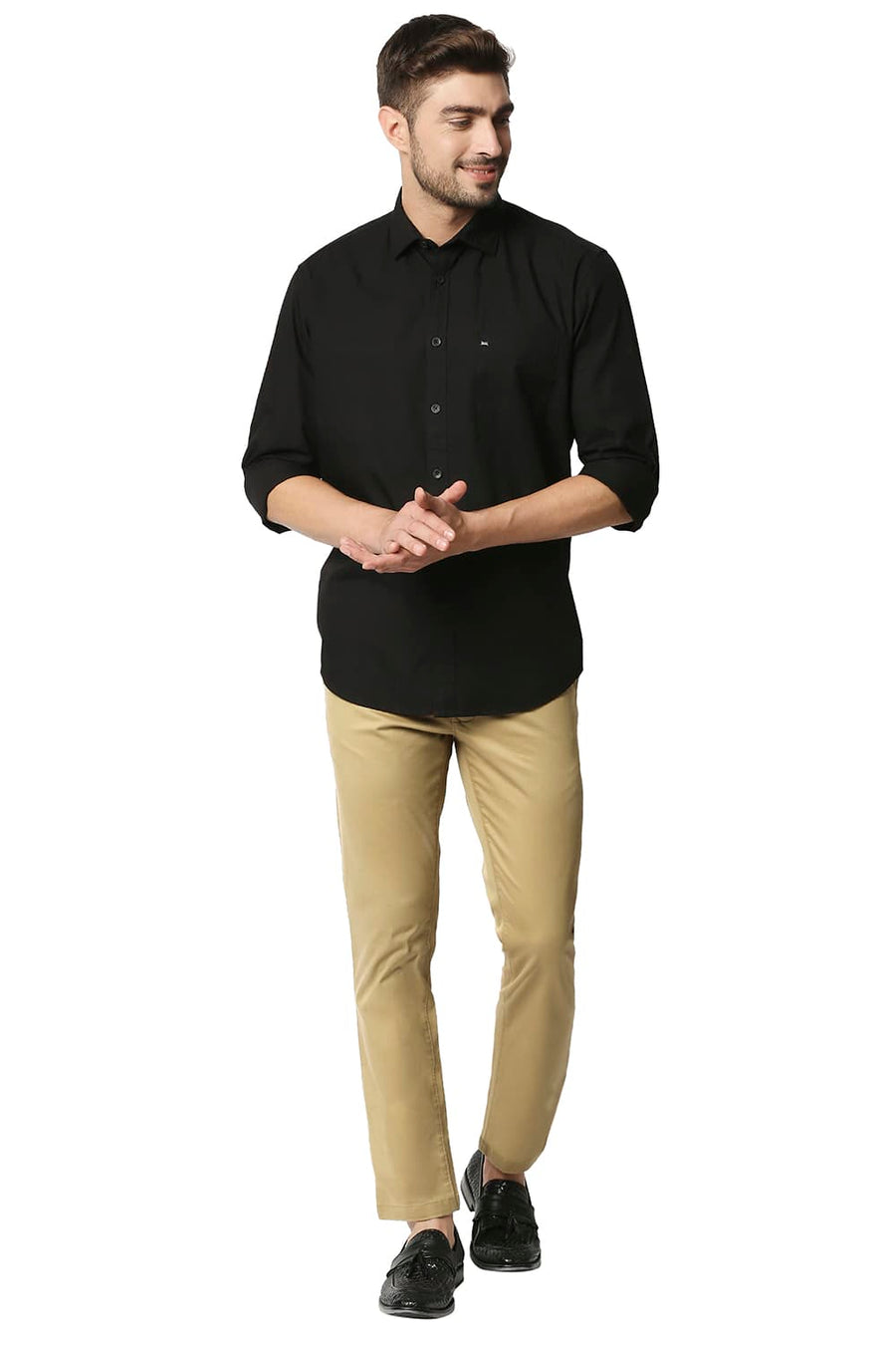 BASICS TAPERED FIT LARK KHAKHI STRETCH TROUSERS