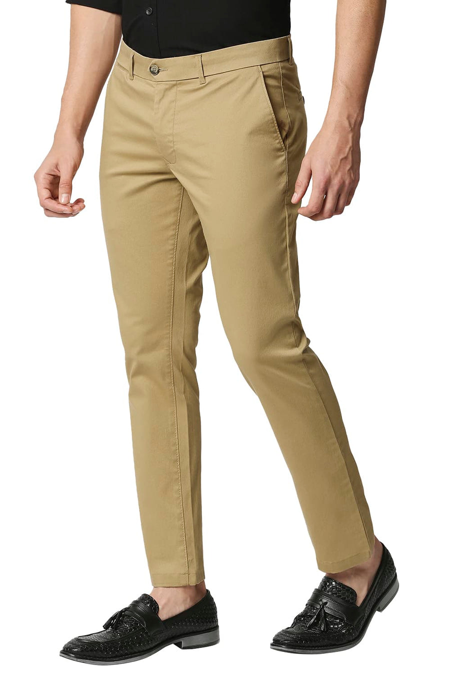 BASICS TAPERED FIT LARK KHAKHI STRETCH TROUSERS