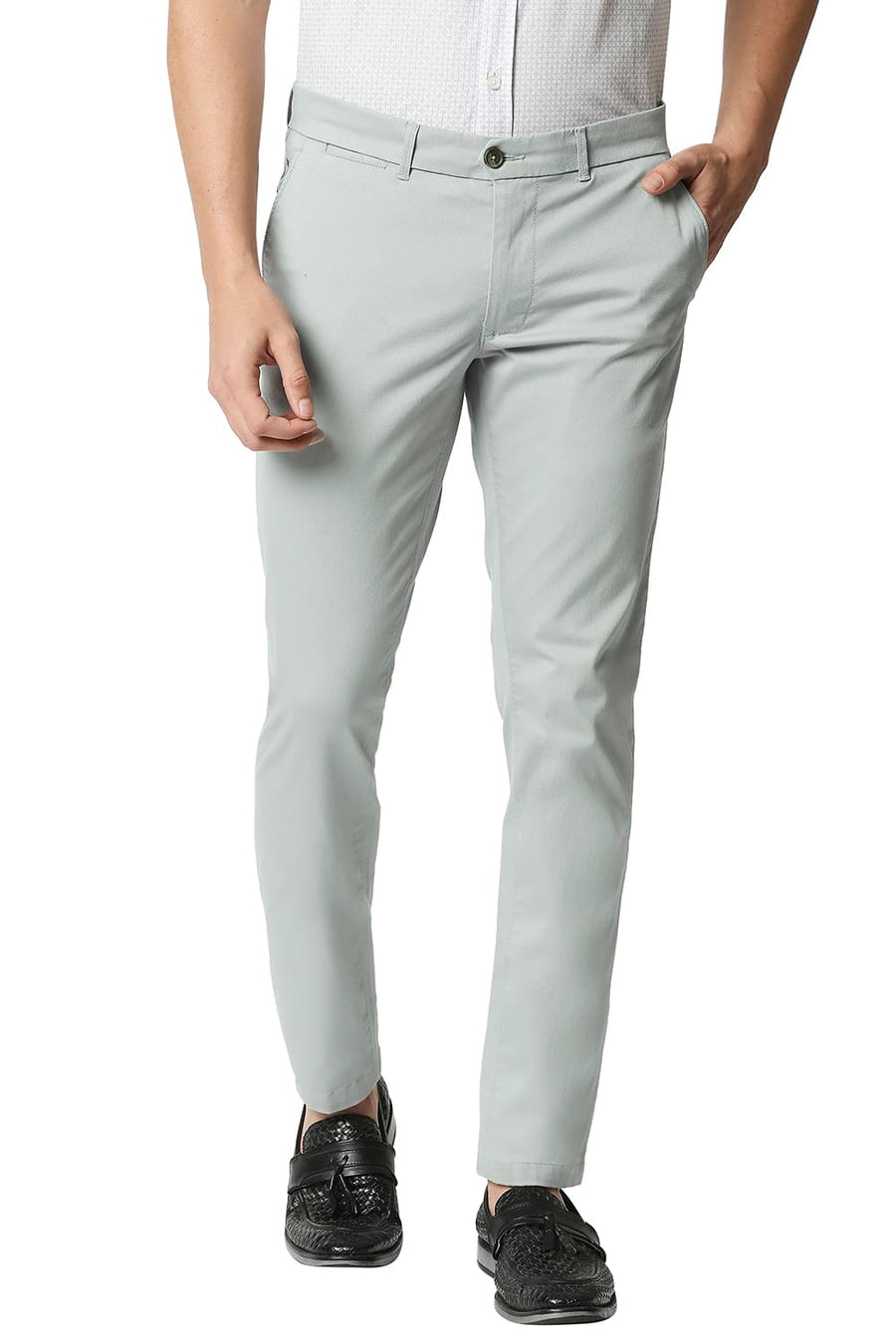 BASICS TAPERED FIT HIGH RISE GREY STRETCH TROUSERS