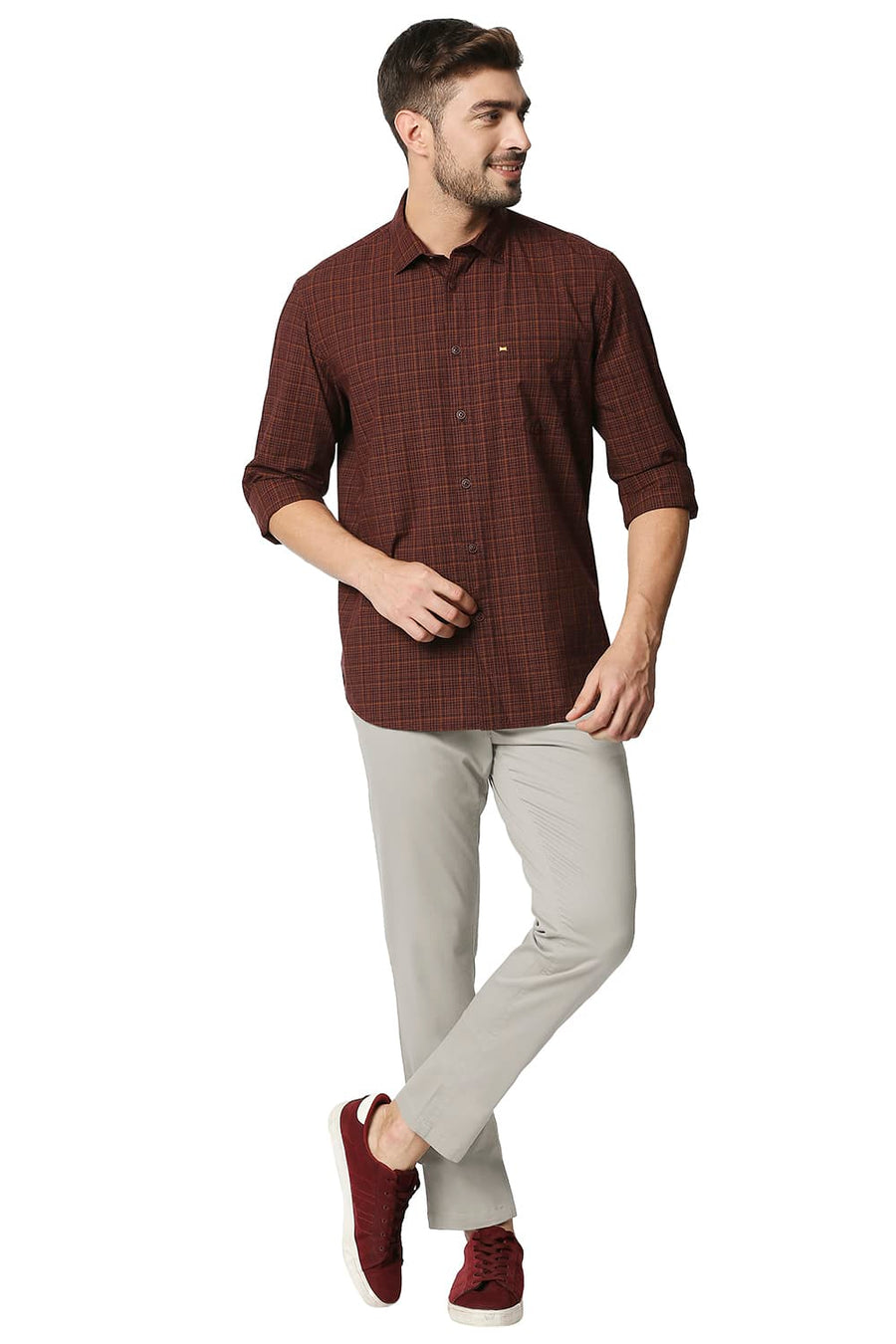 BASICS TAPERED FIT ATMOSPHERE MID BROWN STRETCH TROUSERS