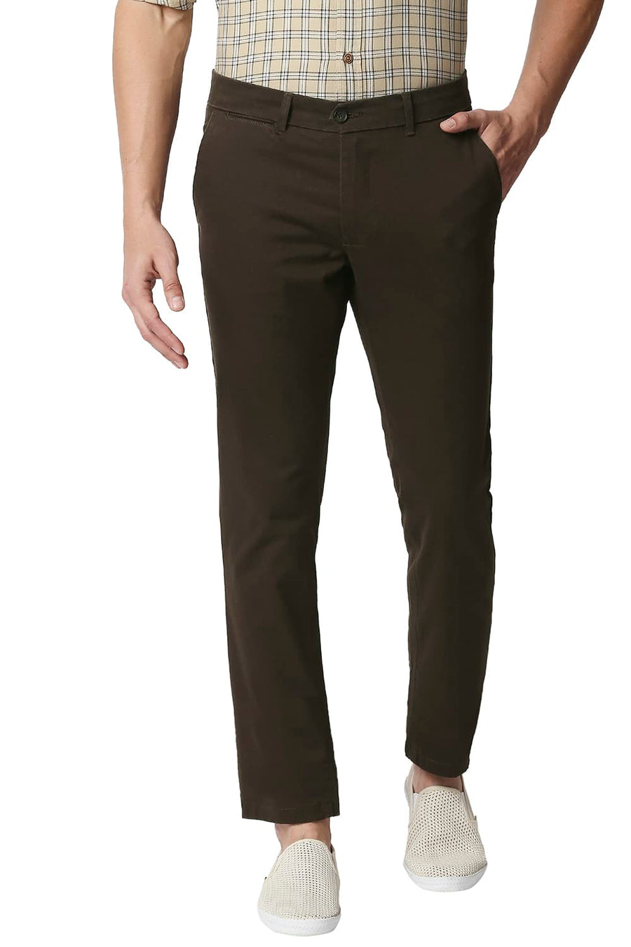 BASICS TAPERED FIT DEMITASSE COFFEE STRETCH TROUSERS