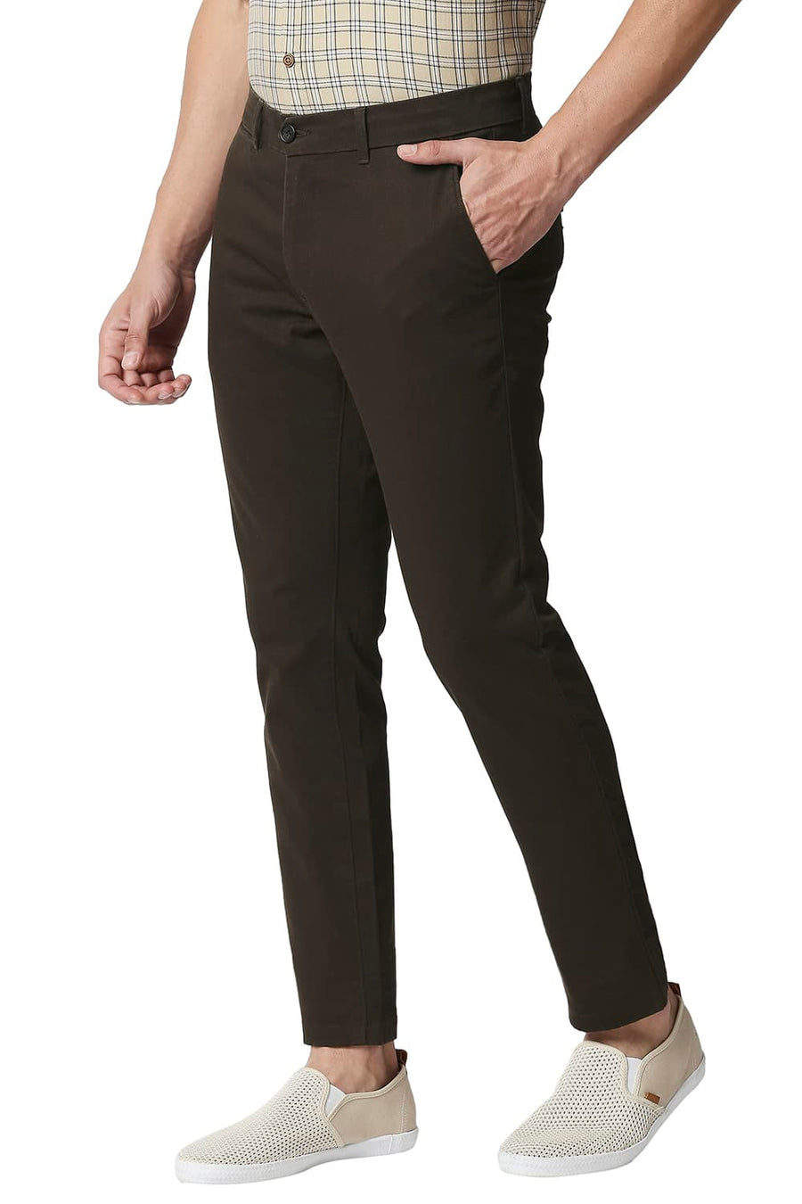 BASICS TAPERED FIT DEMITASSE COFFEE STRETCH TROUSERS