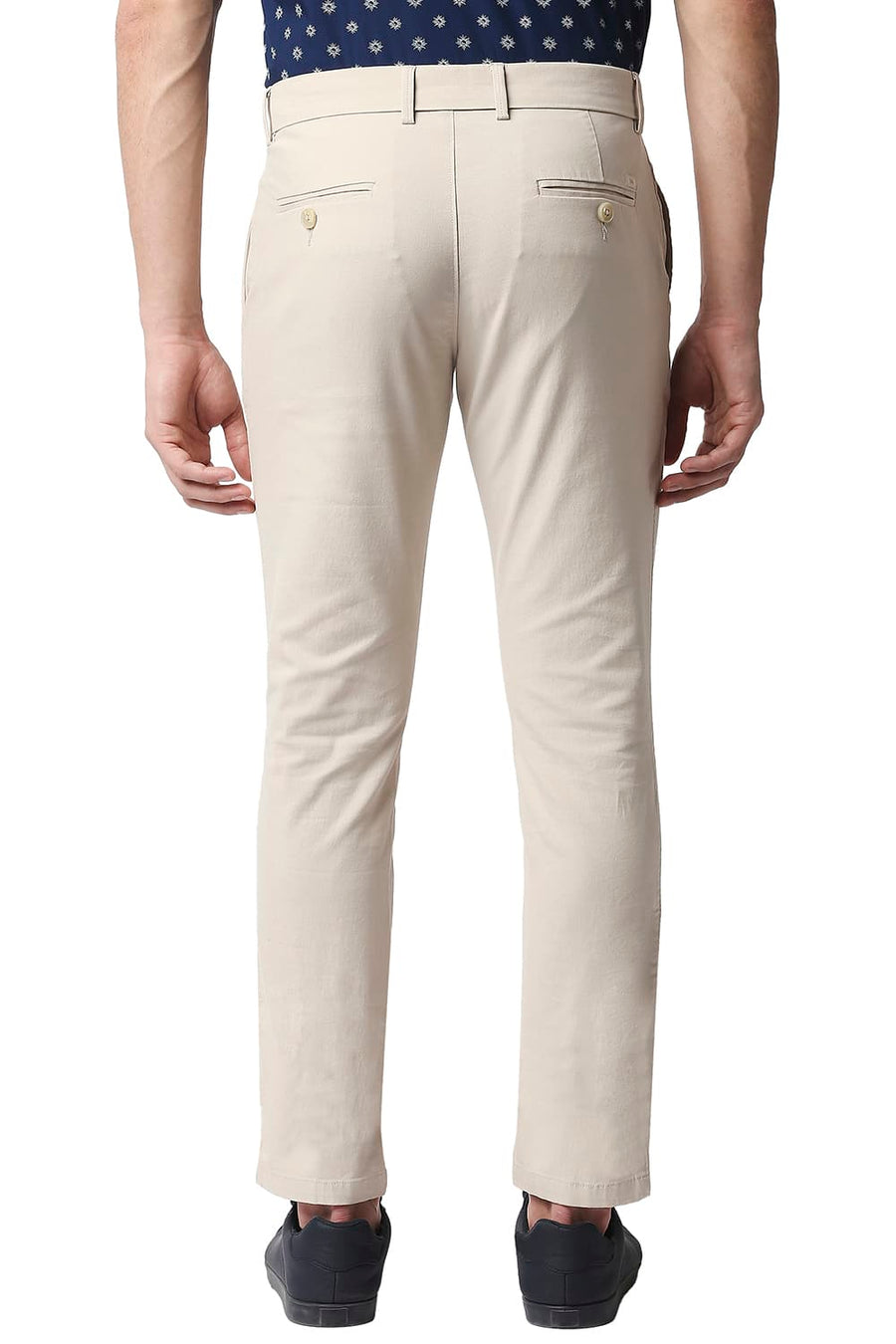 BASICS TAPERED FIT SCROLL BEIGE STRETCH TROUSERS