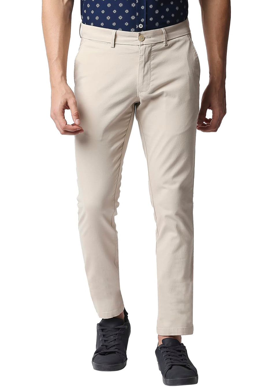 BASICS TAPERED FIT SCROLL BEIGE STRETCH TROUSERS