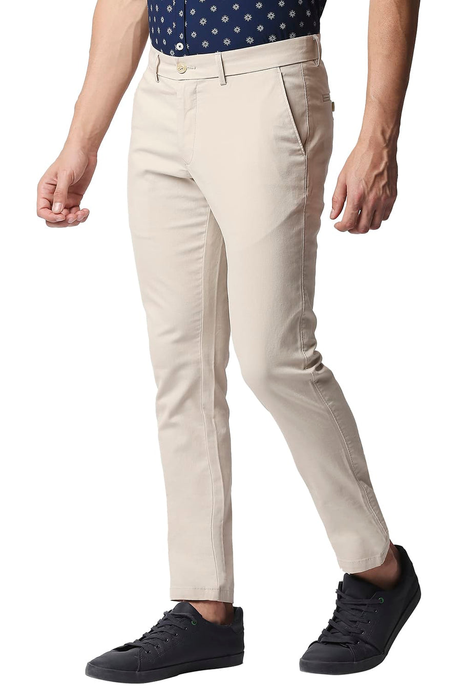 BASICS TAPERED FIT SCROLL BEIGE STRETCH TROUSERS