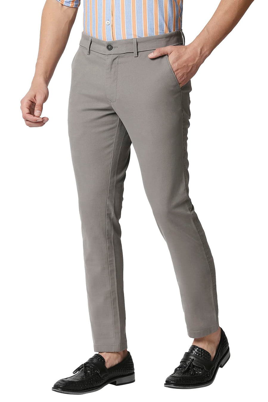 BASICS TAPERED FIT STEEPLE GREY STRETCH TROUSERS