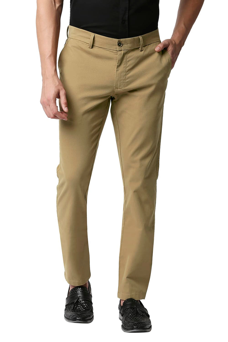 BASICS TAPERED FIT LARK KHAKHI STRETCH TROUSERS