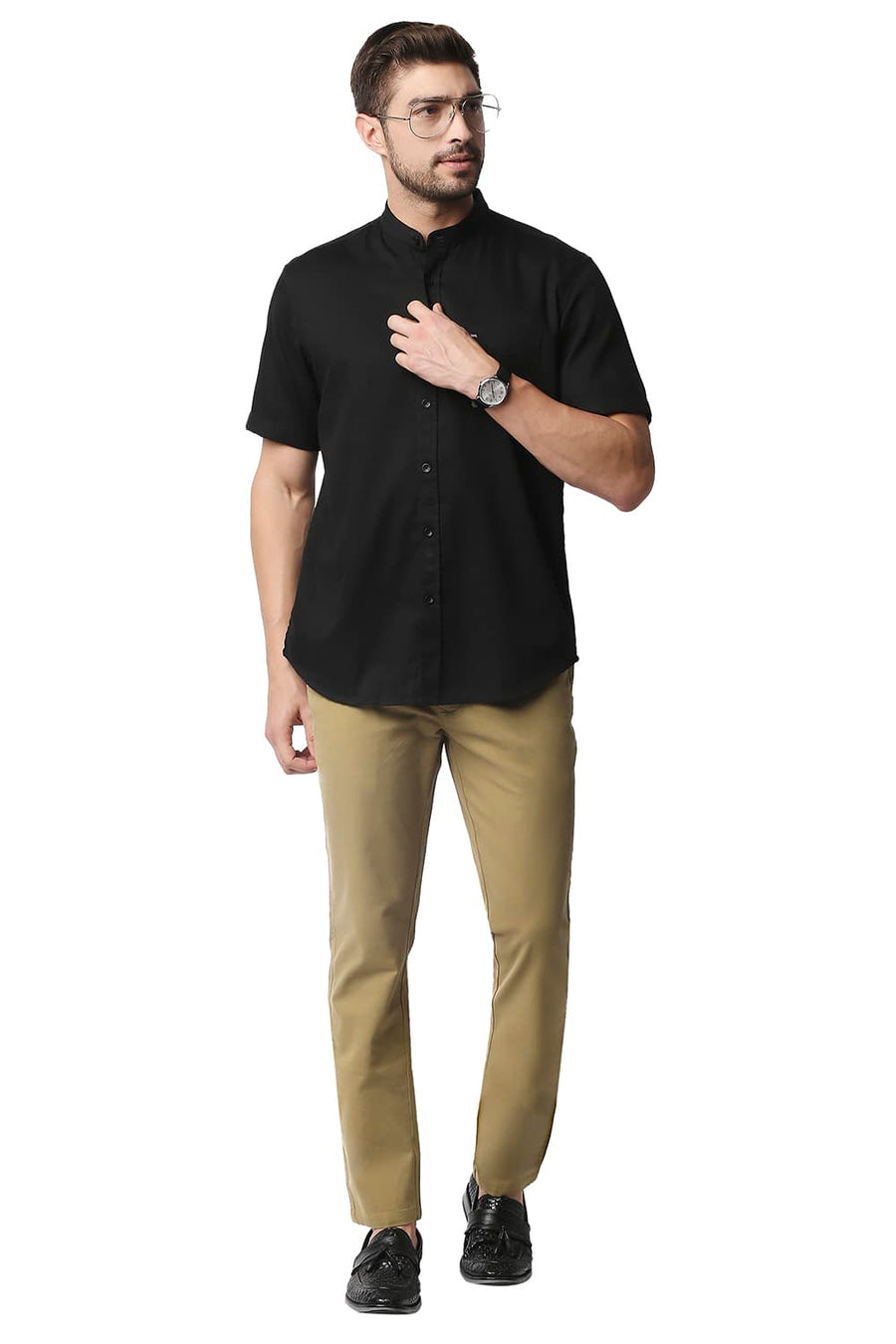 BASICS TAPERED FIT LARK KHAKHI STRETCH TROUSERS