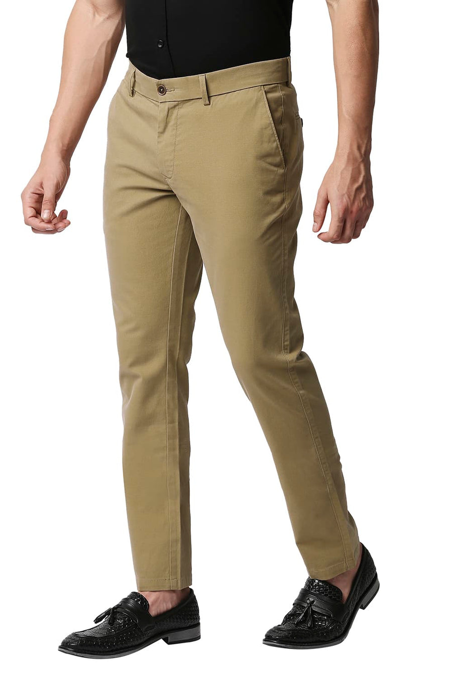 BASICS TAPERED FIT LARK KHAKHI STRETCH TROUSERS