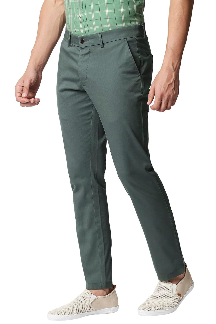 BASICS TAPERED FIT CHINOIS GREEN STRETCH TROUSERS
