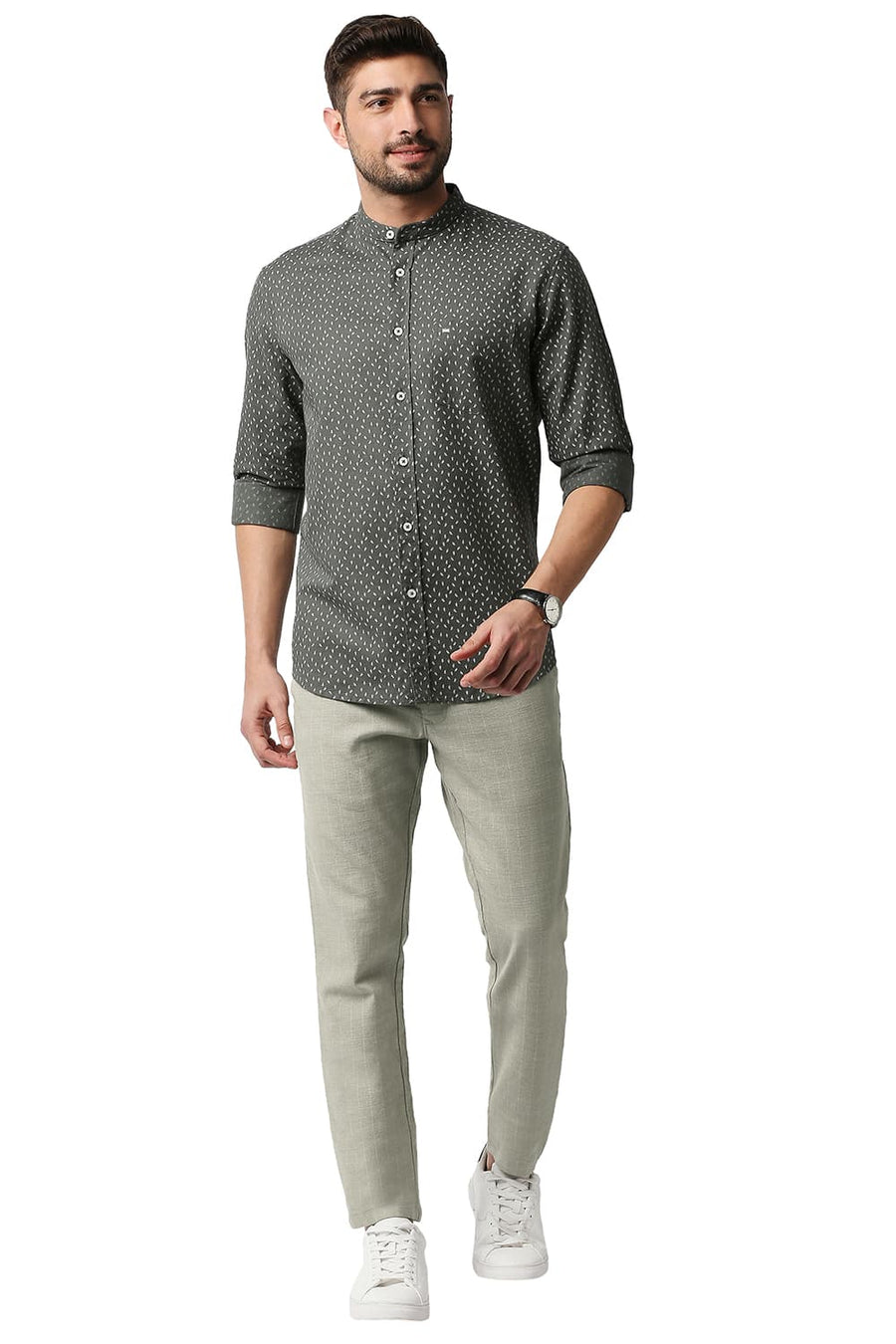 BASICS TAPERED FIT ELM GREEN STRETCH TROUSERS
