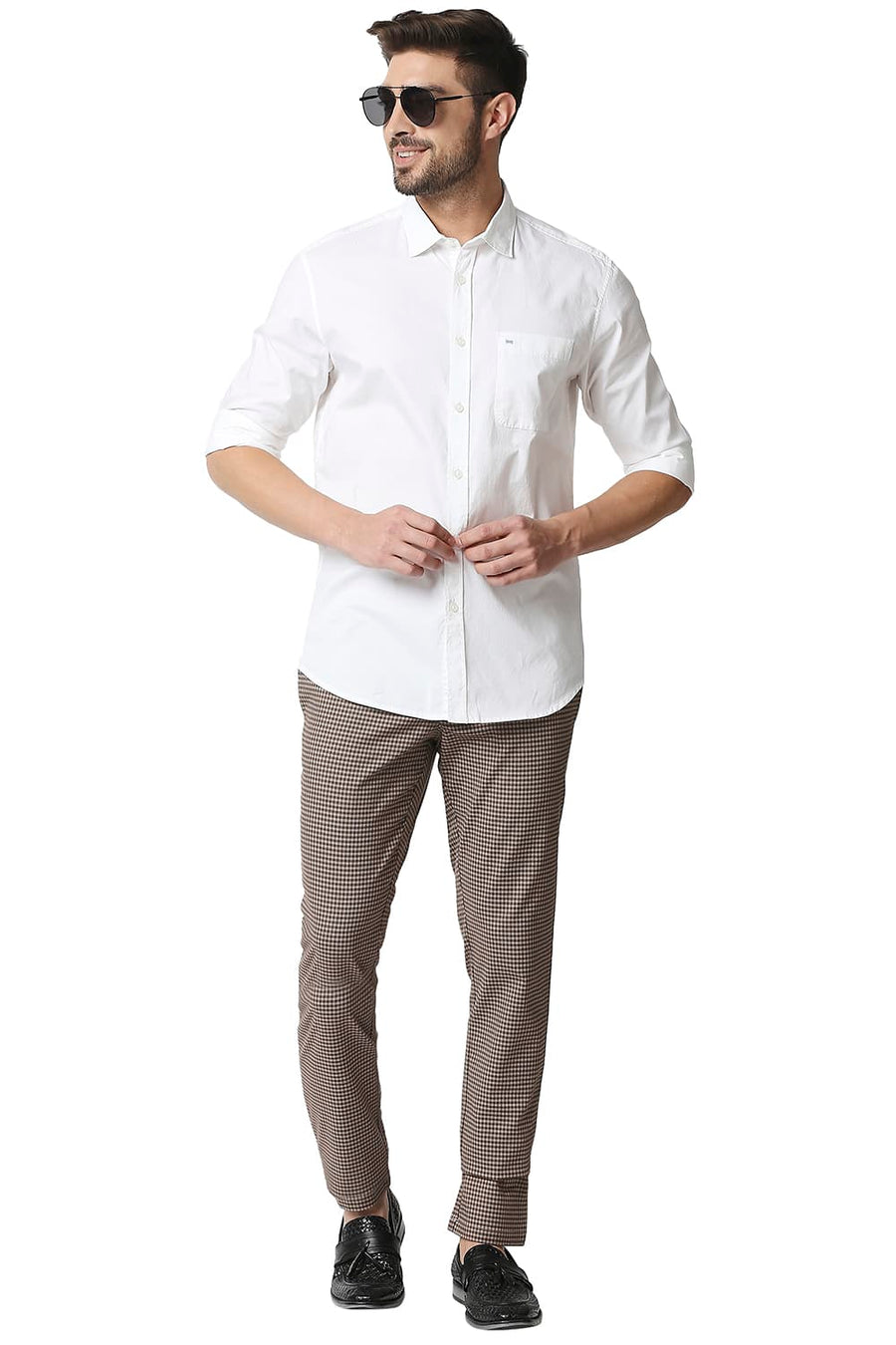 BASICS TAPERED FIT COCOA BROWN STRETCH TROUSERS