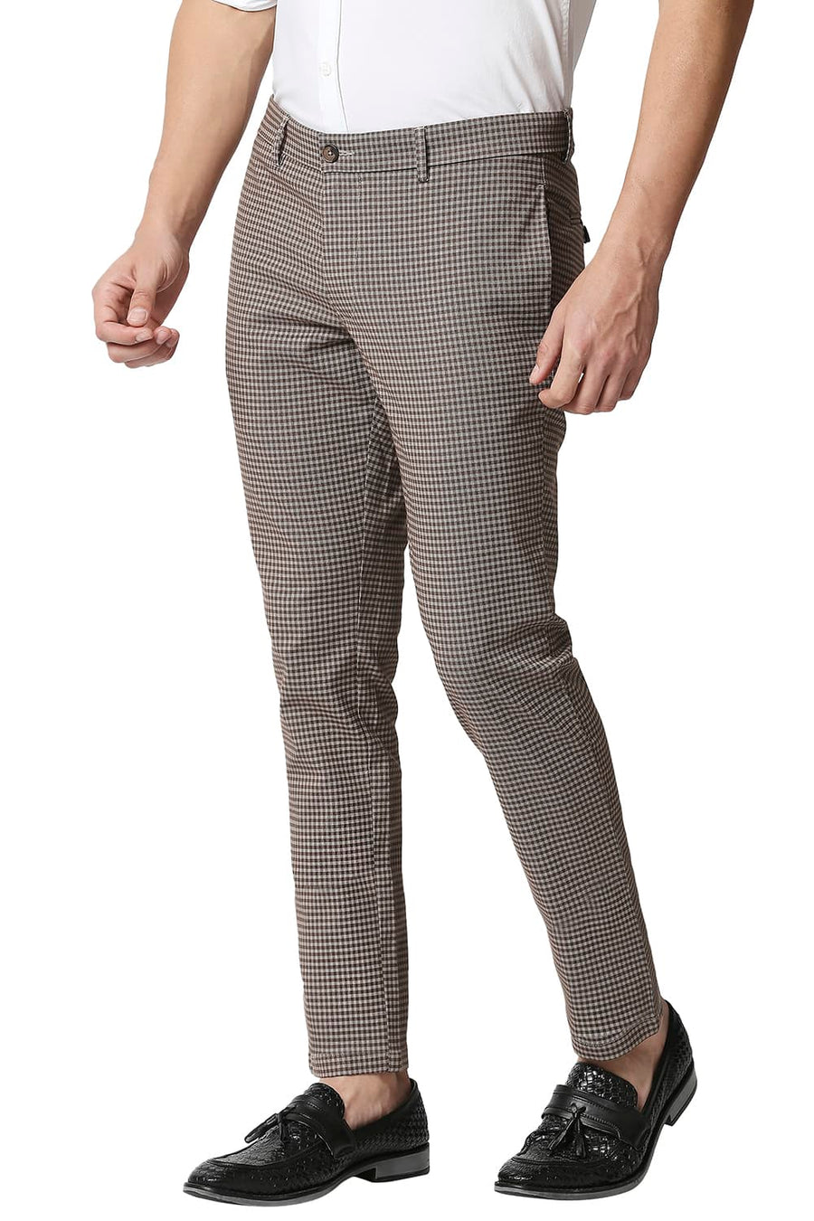 BASICS TAPERED FIT COCOA BROWN STRETCH TROUSERS