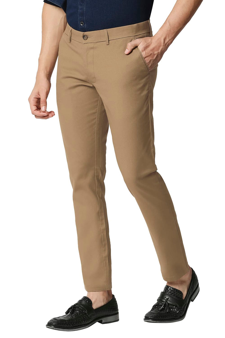 BASICS TAPERED FIT FOXTROT BROWN STRETCH TROUSERS