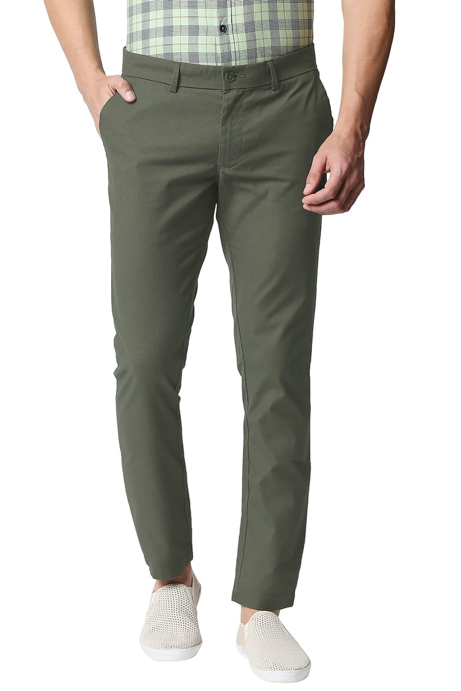BASICS TAPERED FIT DOUGLAS GREEN STRETCH TROUSERS